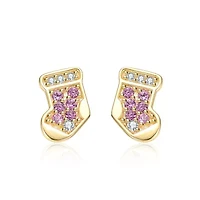 Lab Created 14K Gold Plated with Clear & Pink Cubic Zirconia Christmas Stocking Stud Earrings