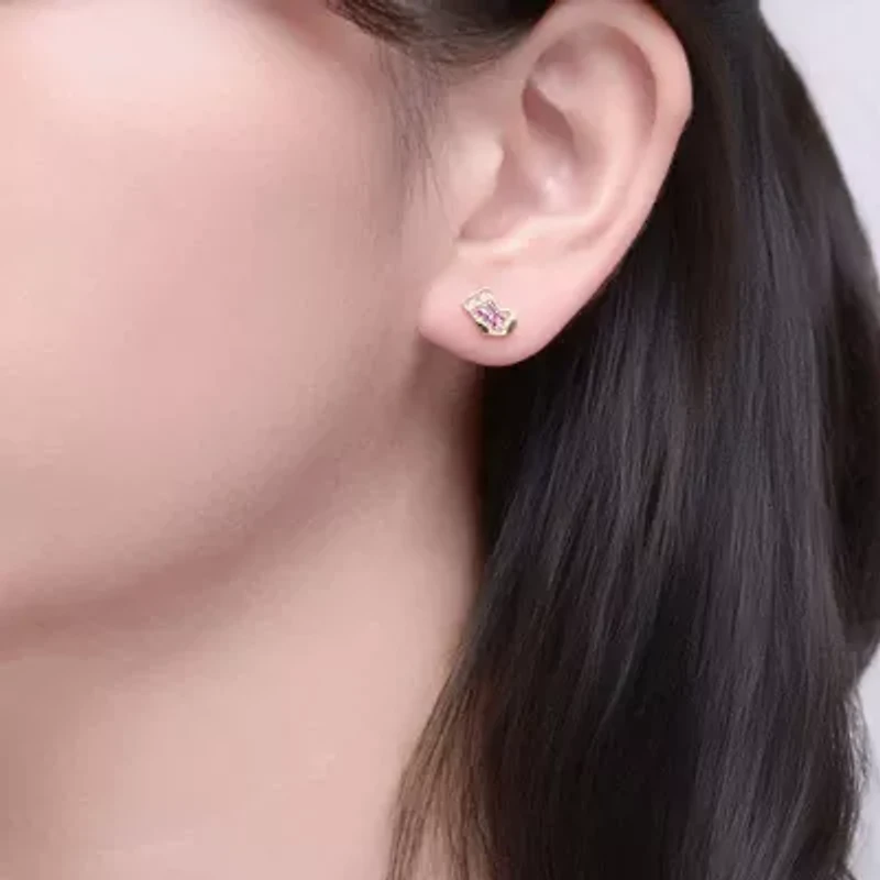 Lab Created 14K Gold Plated with Clear & Pink Cubic Zirconia Christmas Stocking Stud Earrings