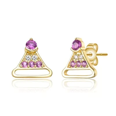 Lab Created 14K Gold Plated with Clear & Pink Cubic Zirconia Christmas Hat Stud Earrings