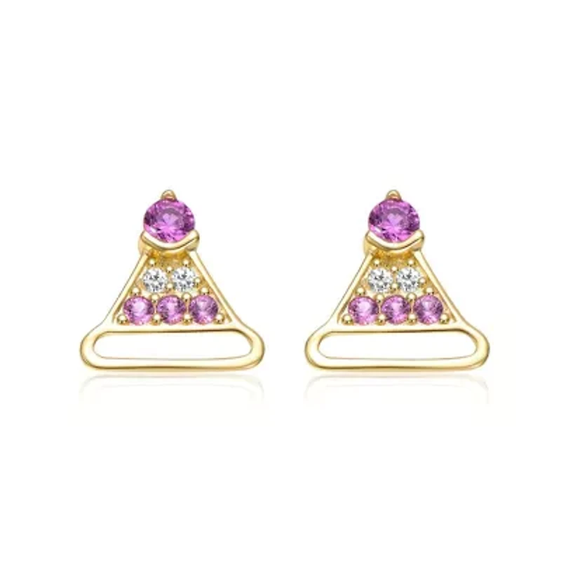 Lab Created 14K Gold Plated with Clear & Pink Cubic Zirconia Christmas Hat Stud Earrings
