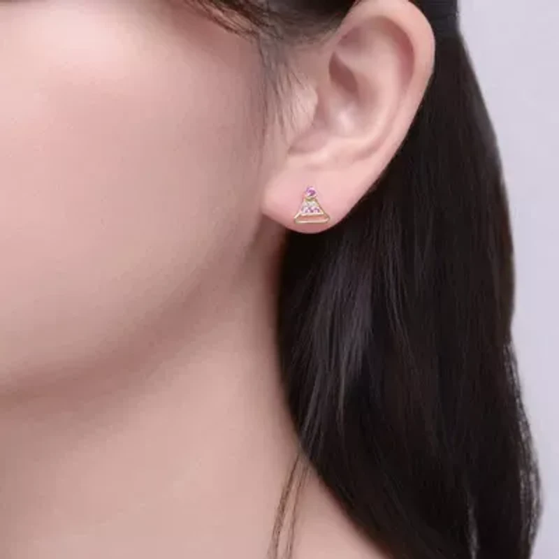 Lab Created 14K Gold Plated with Clear & Pink Cubic Zirconia Christmas Hat Stud Earrings