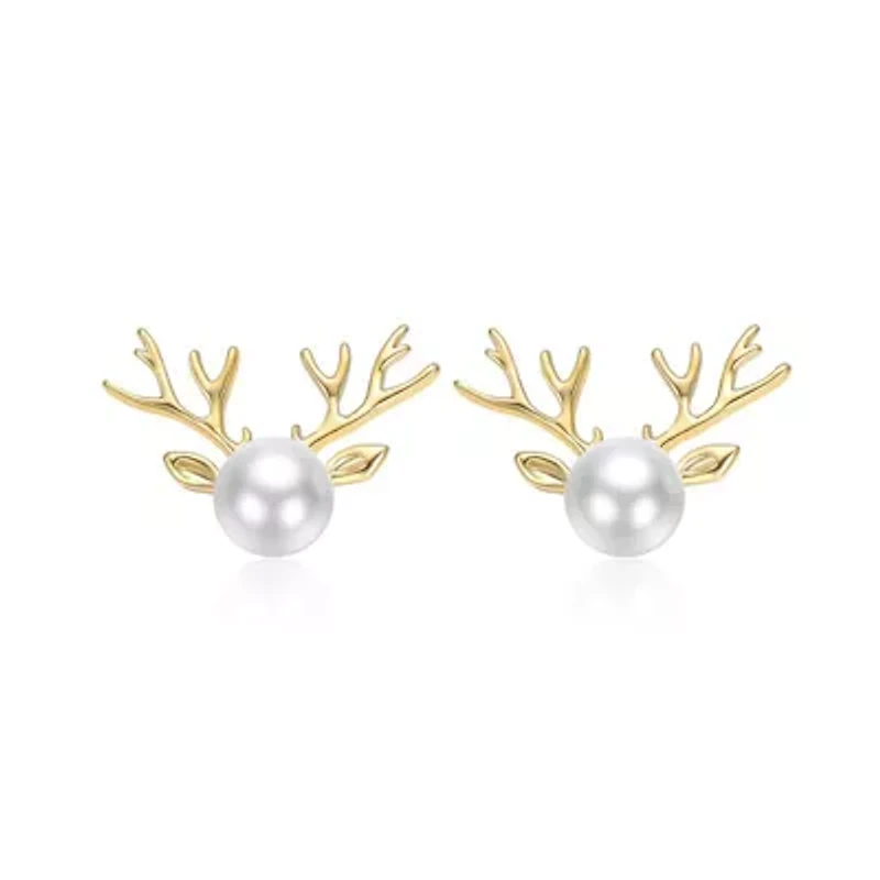 Lab Created 14K Gold Plated with White Pearl Reindeer Horn Design Christmas Stud Earrings
