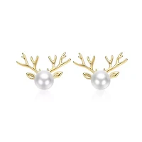 Lab Created 14K Gold Plated with White Pearl Reindeer Horn Design Christmas Stud Earrings