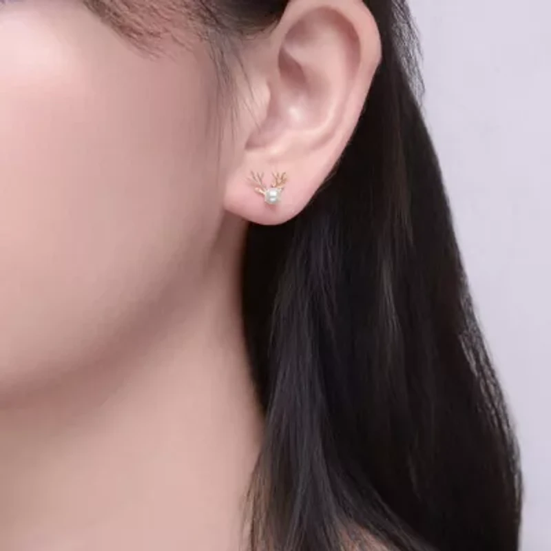 Lab Created 14K Gold Plated with White Pearl Reindeer Horn Design Christmas Stud Earrings