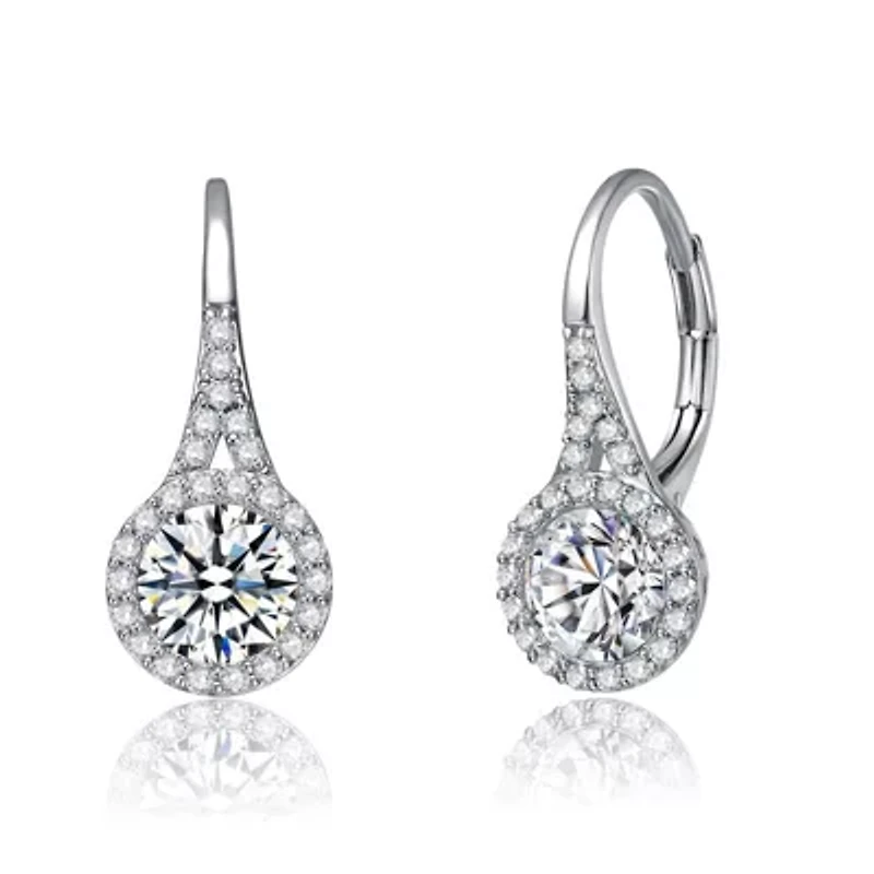Lab Created White Gold Plated with Shimmering Clear Cubic Zirconia Halo Drop Earring