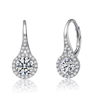 Lab Created White Gold Plated with Shimmering Clear Cubic Zirconia Halo Drop Earring