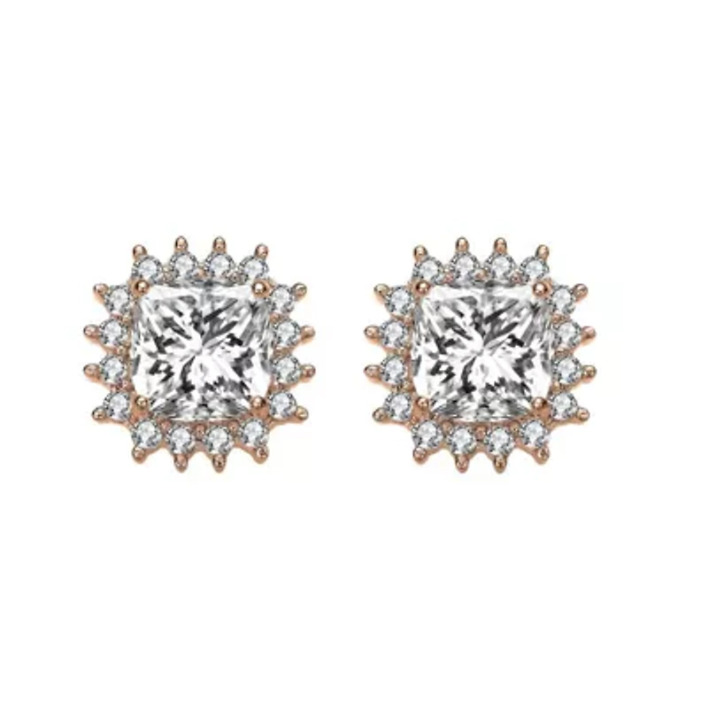 Lab Created 18K Rose Gold Plated with Clear Cubic Zirconia Classy Halo Square Stud Earrings