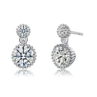 Lab Created White Gold Plated with Clear Cubic Zirconia Two-Stone Milgrain Dangle Drop Earrings