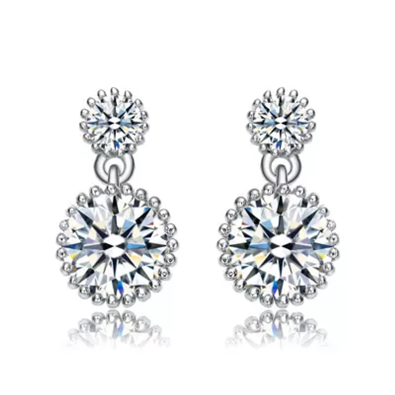 Lab Created White Gold Plated with Clear Cubic Zirconia Two-Stone Milgrain Dangle Drop Earrings