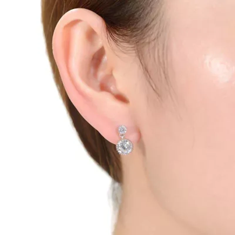 Lab Created White Gold Plated with Clear Cubic Zirconia Two-Stone Milgrain Dangle Drop Earrings
