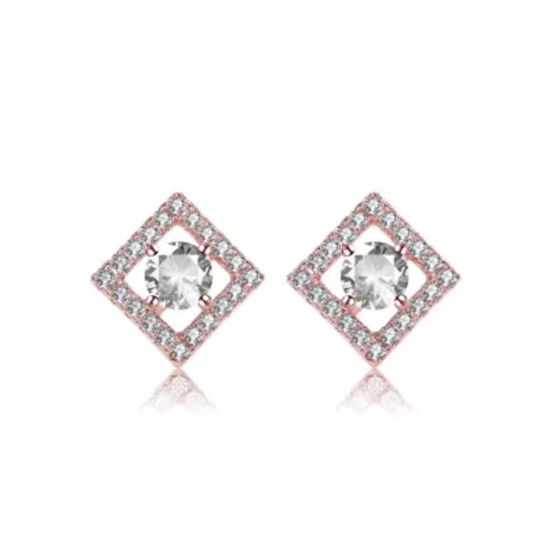 Lab Created 18K Rose Gold Plated with Clear Cubic Zirconia Stylish Halo Stud Earrings
