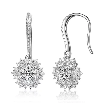 Lab Created White Gold Plated with Clear Cubic Zirconia Snowflake Cluster Wire Hooks Earrings