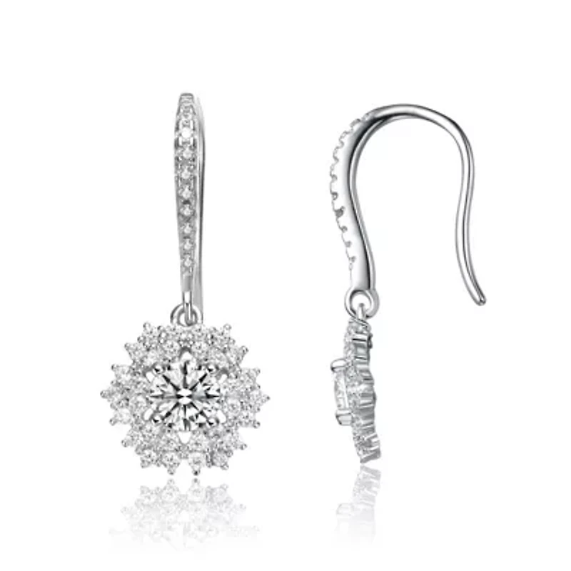 Lab Created White Gold Plated with Clear Cubic Zirconia Snowflake Cluster Wire Hooks Earrings