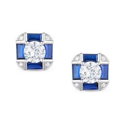 Lab Created Sterling Silver White Gold Plated with Sapphire Blue Cushion Geometric Stud Earrings