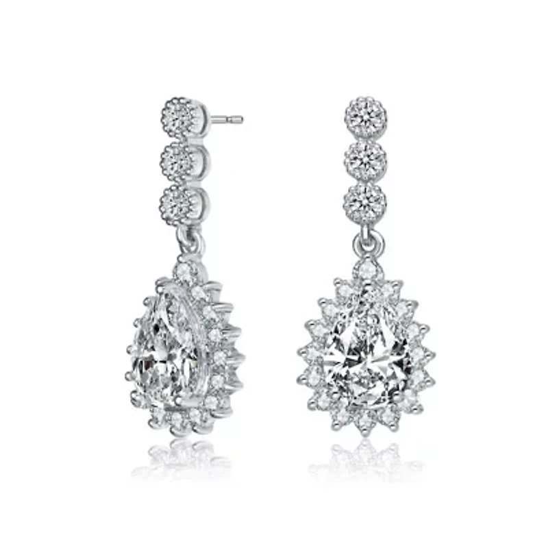 Lab Created Sterling Silver White Gold Plated with Clear Pear and Round Cubic Zirconia Halo Drop Earrings