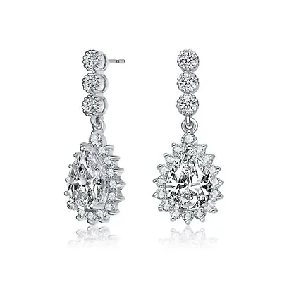 Lab Created Sterling Silver White Gold Plated with Clear Pear and Round Cubic Zirconia Halo Drop Earrings