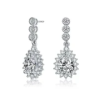 Lab Created Sterling Silver White Gold Plated with Clear Pear and Round Cubic Zirconia Halo Drop Earrings