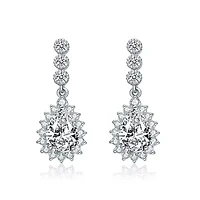 Lab Created Sterling Silver White Gold Plated with Clear Pear and Round Cubic Zirconia Halo Drop Earrings