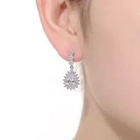 Lab Created Sterling Silver White Gold Plated with Clear Pear and Round Cubic Zirconia Halo Drop Earrings