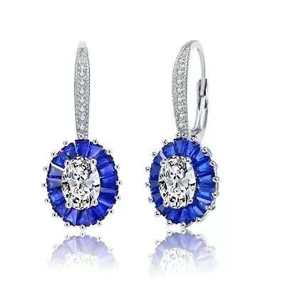Lab Created Sterling Silver White Gold Plated with Sapphire Blue Cubic Zirconia Leverback Earrings