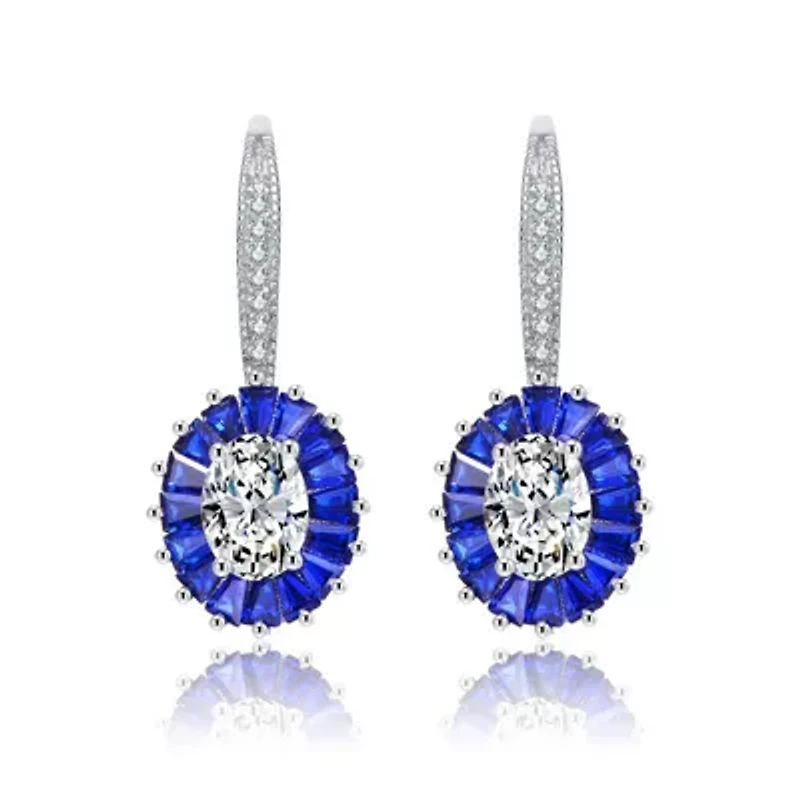 Lab Created Sterling Silver White Gold Plated with Sapphire Blue Cubic Zirconia Leverback Earrings