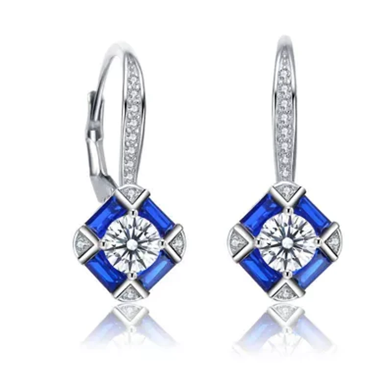 Lab Created Sterling Silver White Gold Plated and Sapphire Cubic Zirconia Leverback Earrings