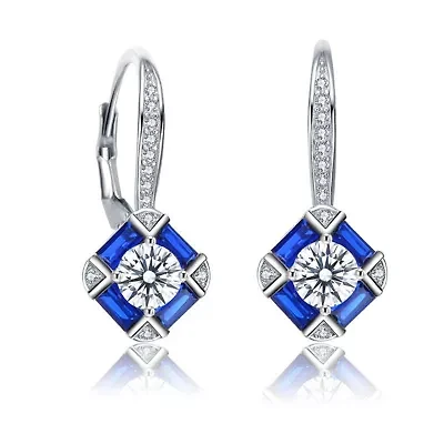 Lab Created Sterling Silver White Gold Plated and Sapphire Cubic Zirconia Leverback Earrings