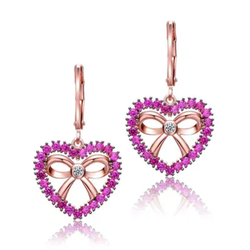 Lab Created Sterling Silver 18K Rose Gold Plated with Ruby Red Cubic Zirconia Heart Leverback Earrings