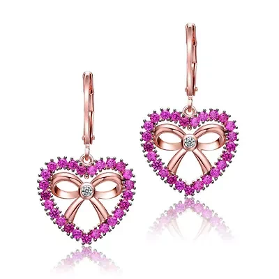 Lab Created Sterling Silver 18K Rose Gold Plated with Ruby Red Cubic Zirconia Heart Leverback Earrings