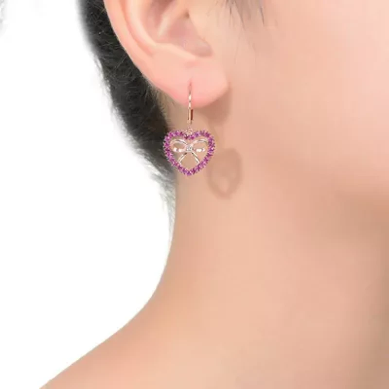 Lab Created Sterling Silver 18K Rose Gold Plated with Ruby Red Cubic Zirconia Heart Leverback Earrings
