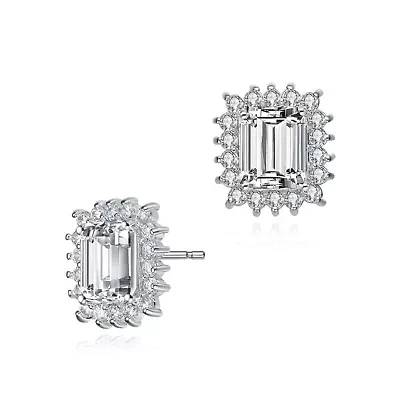 Lab Created Sterling Silver White Gold Plated with Clear Cubic Zirconia Halo Stud Earrings