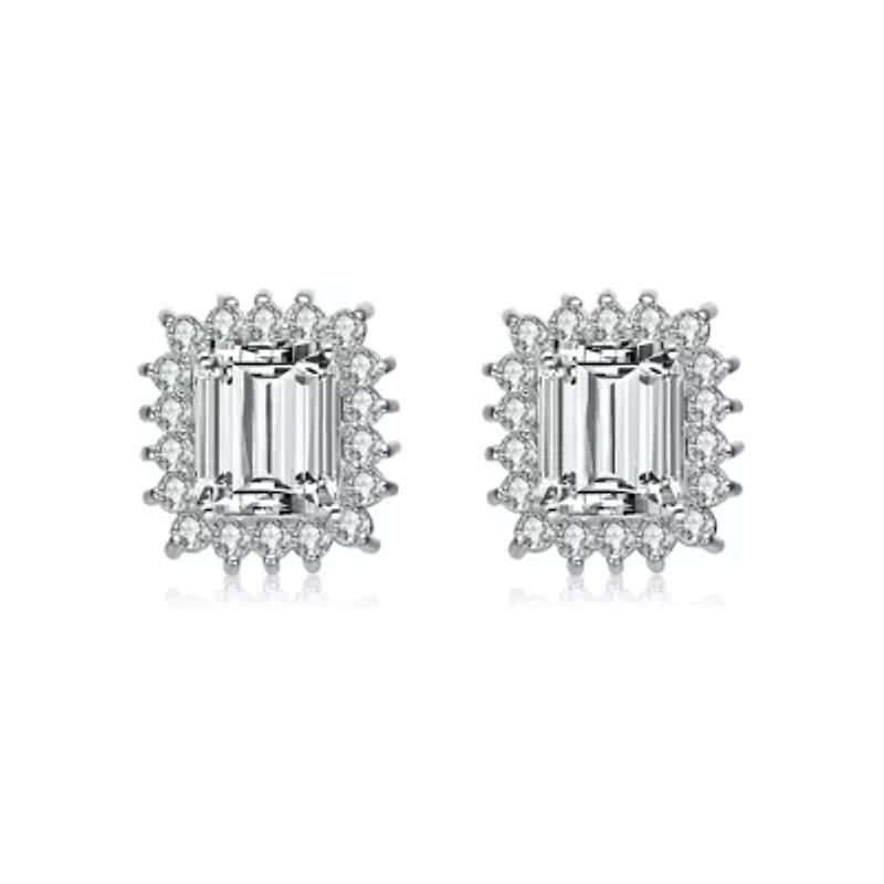 Lab Created Sterling Silver White Gold Plated with Clear Cubic Zirconia Halo Stud Earrings