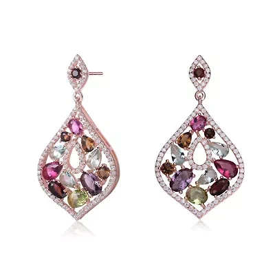 Lab Created Sterling Silver 18K Rose Gold Plated with Multi-Colored Cubic Zirconia Accent Dangle Earrings