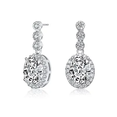 Lab Created Sterling Silver White Gold Plated with Clear Cubic Zirconia Halo Drop Earrings