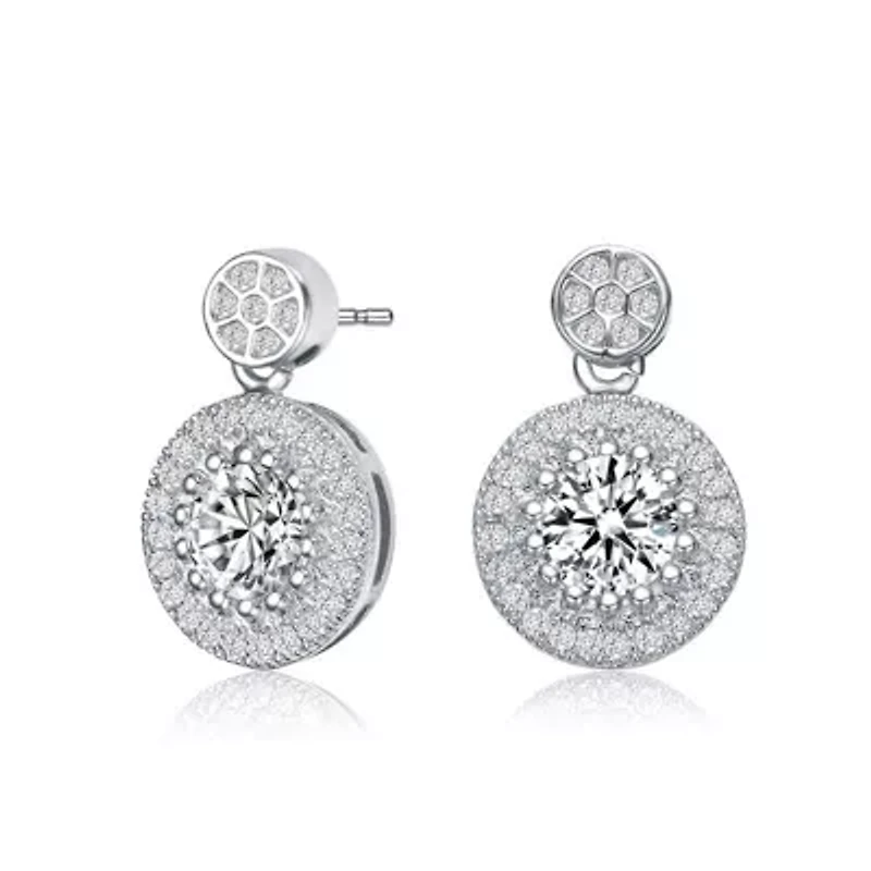 Lab Created Sterling Silver White Gold Plated with Clear Round Cubic Zirconia Thick Halo Drop Earrings