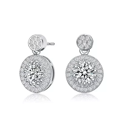 Lab Created Sterling Silver White Gold Plated with Clear Round Cubic Zirconia Thick Halo Drop Earrings