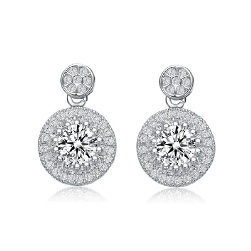 Lab Created Sterling Silver White Gold Plated with Clear Round Cubic Zirconia Thick Halo Drop Earrings
