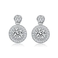 Lab Created Sterling Silver White Gold Plated with Clear Round Cubic Zirconia Thick Halo Drop Earrings