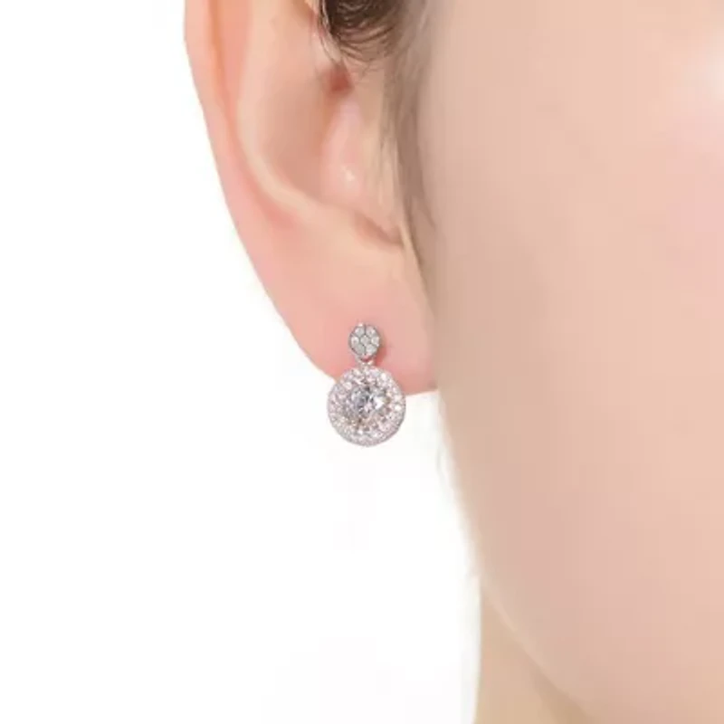 Lab Created Sterling Silver White Gold Plated with Clear Round Cubic Zirconia Thick Halo Drop Earrings