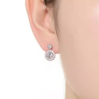 Lab Created Sterling Silver White Gold Plated with Clear Round Cubic Zirconia Thick Halo Drop Earrings