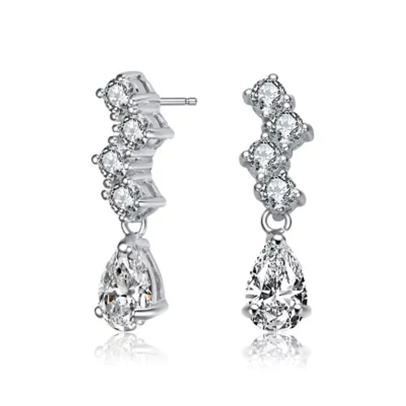 Lab Created Sterling Silver White Gold Plated with Clear Pear and Round Cubic Zirconia ZigZag Drop Earrings