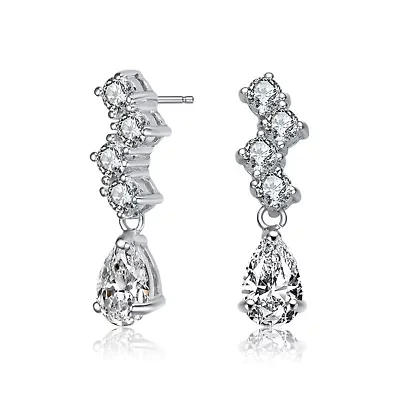 Lab Created Sterling Silver White Gold Plated with Clear Pear and Round Cubic Zirconia ZigZag Drop Earrings