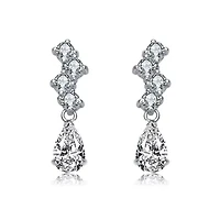 Lab Created Sterling Silver White Gold Plated with Clear Pear and Round Cubic Zirconia ZigZag Drop Earrings