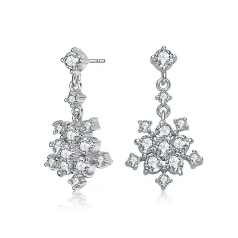 Lab Created Sterling Silver White Gold Plated with Clear Round Cubic Zirconia Cluster Flower Style Drop Earrings