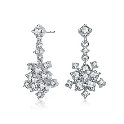Lab Created Sterling Silver White Gold Plated with Clear Round Cubic Zirconia Cluster Flower Style Drop Earrings