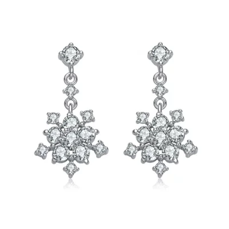 Lab Created Sterling Silver White Gold Plated with Clear Round Cubic Zirconia Cluster Flower Style Drop Earrings