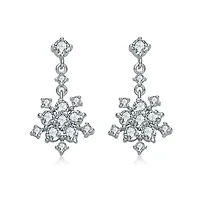 Lab Created Sterling Silver White Gold Plated with Clear Round Cubic Zirconia Cluster Flower Style Drop Earrings