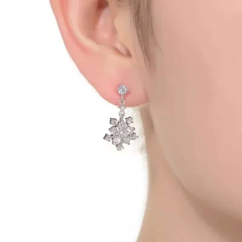 Lab Created Sterling Silver White Gold Plated with Clear Round Cubic Zirconia Cluster Flower Style Drop Earrings