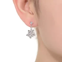 Lab Created Sterling Silver White Gold Plated with Clear Round Cubic Zirconia Cluster Flower Style Drop Earrings