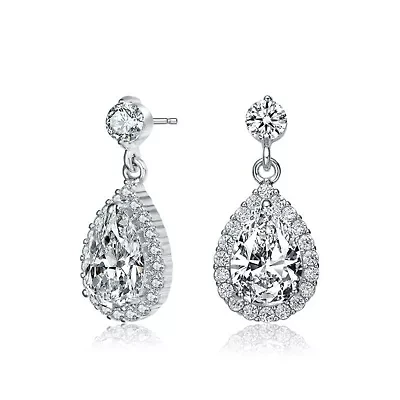 Lab Created Sterling Silver White Gold Plated with Clear Pear and Round Cubic Zirconia Halo Teardrop Earrings